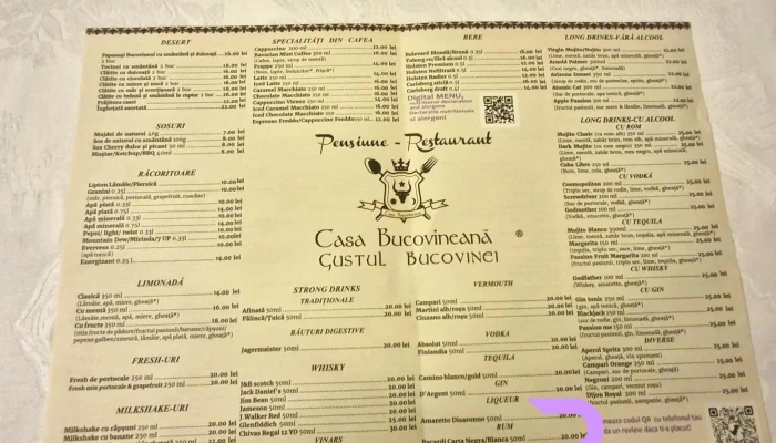 Casa Bucovineana  Restaurantpensiune Meniu - Suceava
