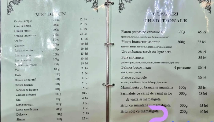 Hanul Vanatorului Meniu - Păltinoasa